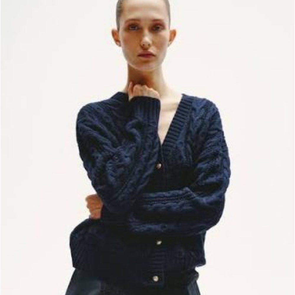 Zara Navy Blue Chunky Cable Knit Gold Buttons Oversized Cardigan